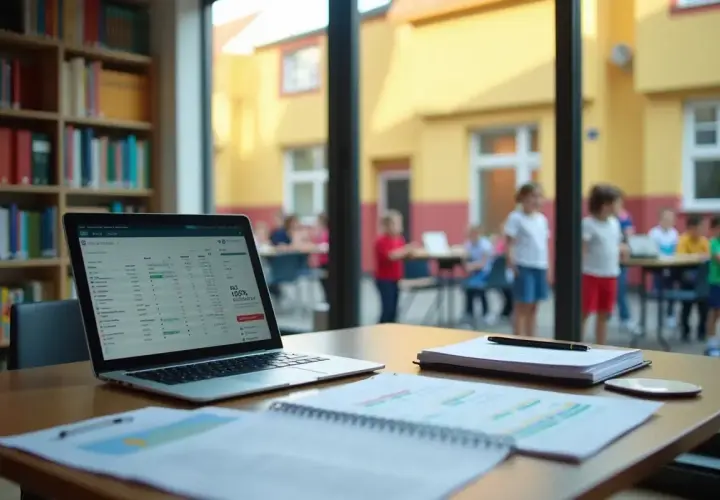 Laptop z wykresem na ekranie, notatki i książki. W tle dzieci na dziedzińcu. Czy to podpowiedź, ile zarabia psycholog?