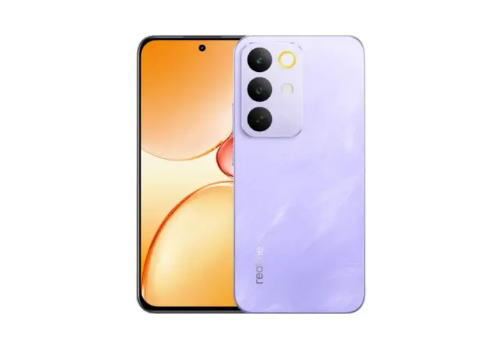 Fioletowy smartfon realme z potrójnym aparatem i logo marki. Zapewniona realme gwarancja.