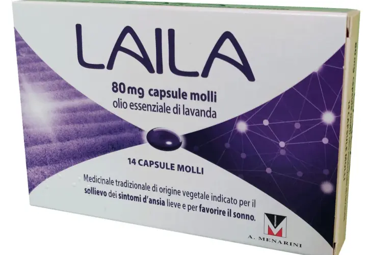Confezione di LAILA, 14 capsule molli all'olio di lavanda, per il sollievo dai sintomi d'ansia lieve. Nuovi farmaci per l'ansia.