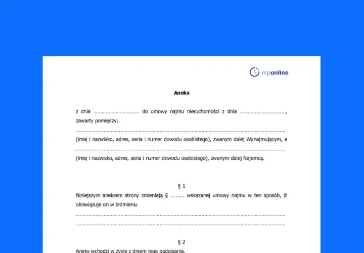 Aneks do umowy najmu nieruchomości. Dokument zawiera pola do wpisania danych stron i szczegółów zmian w umowie.