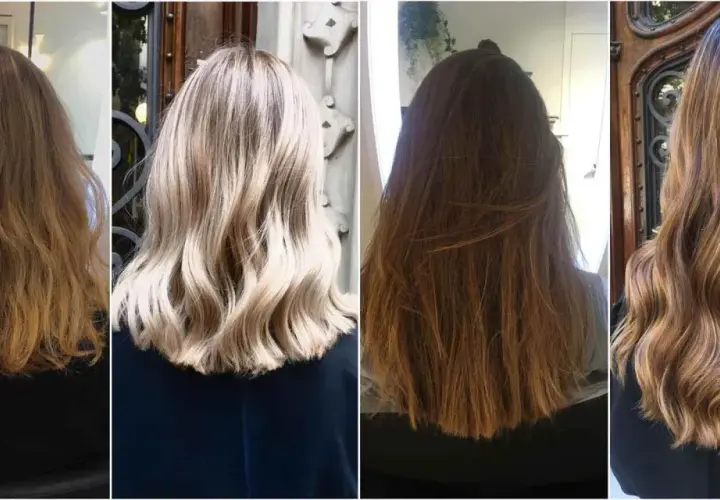Cuatro estilos de cabello con mechas woodlights, desde rubio platino hasta castaño cálido, mostrando la versatilidad de esta técnica.