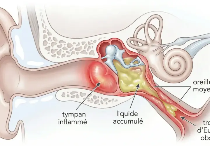 Coupe de l'oreille montrant une otite bactérienne avec tympan enflammé, liquide accumulé et trompe d'Eustache obstruée.