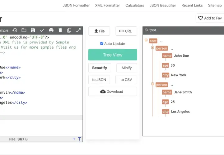 Visualizza un programma per aprire XML, con un esempio di codice XML a sinistra e la sua rappresentazione ad albero a destra.
