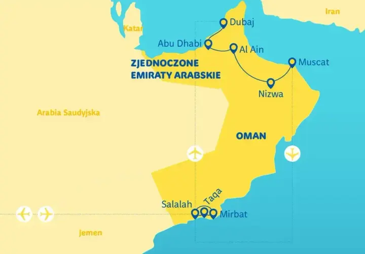 Mapa pokazuje, gdzie jest Oman, jego stolica Maskat, oraz inne miasta jak Salalah. Zjednoczone Emiraty Arabskie i Arabia Saudyjska sąsiadują z Omanem.
