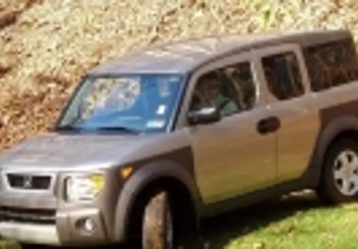 Srebrny Honda Element z brązowymi akcentami stoi na trawie, na tle zbocza pokrytego liśćmi.