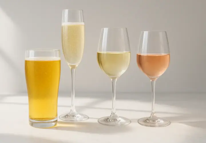 Verre de bière, coupe de champagne, verre de vin blanc et verre de rosé. La bière est souvent la plus calorique.