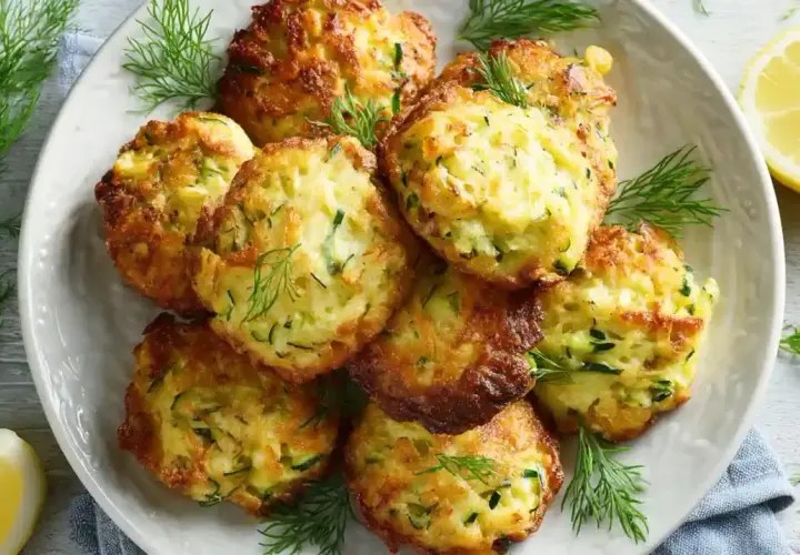Goldbraune Zucchini-Puffer, garniert mit Dill und Zitronenspalten. Perfekt für leichte zucchini rezepte.