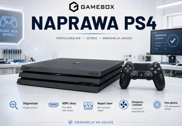 Profesjonalna naprawa PS4 w Gamebox. Szybko, sprawnie i z gwarancją jakości. Diagnostyka, naprawa HDMI, napędu, chłodzenia i płyty głównej.