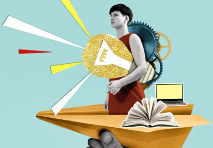 Un avión de papel lleva un libro abierto y un portátil. Una mujer con engranajes en la espalda sostiene un megáfono dorado, como si lanzara ideas, similar a las fichas primero de primaria.