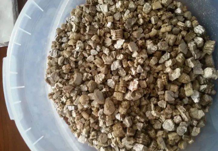 Granuli di vermiculite isolante in un secchio trasparente. Materiale leggero e poroso, ideale per l'edilizia e l'orticoltura.