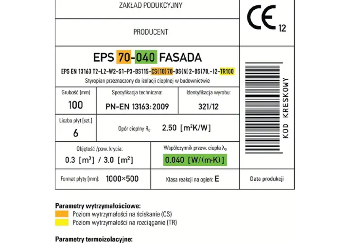 Etykieta produktu EPS 70-040 FASADA, styropian do izolacji cieplnej, grubość 100 mm, współczynnik przewodzenia ciepła 0,040 W/(m·K).