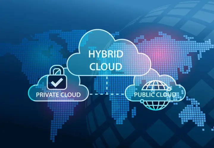 Nube híbrida, privada y pública, representando el almacenamiento digital global.