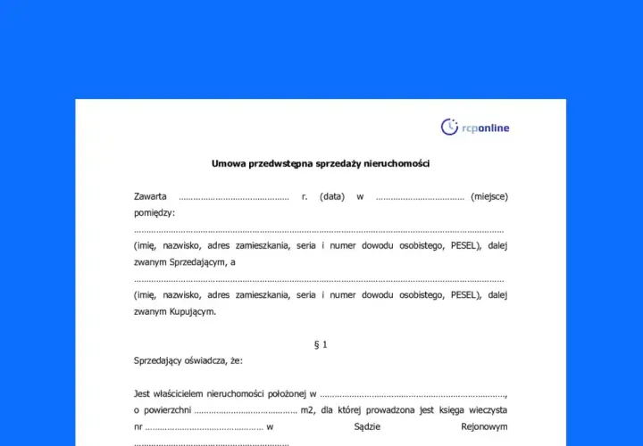 Umowa przedwstępna sprzedaży nieruchomości zawiera dane sprzedającego i kupującego, powierzchnię nieruchomości oraz numer księgi wieczystej.