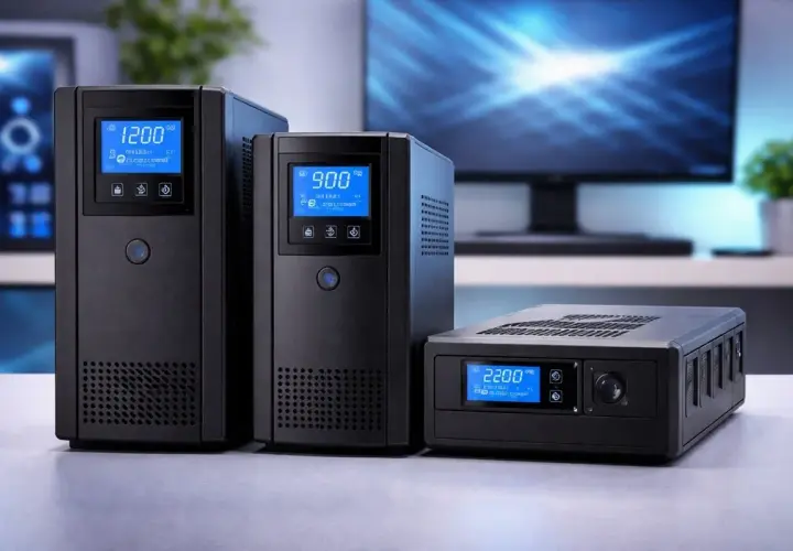 Tres equipos negros, dos verticales y uno horizontal, muestran pantallas digitales azules. Son un ejemplo de qué es un sai, protegiendo tus dispositivos.