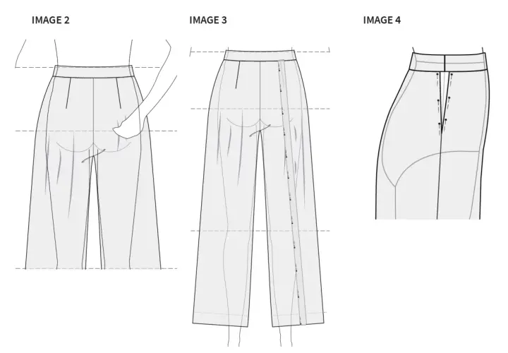 Illustrations show how to sew pant legs together, with close-ups of the inseam and button closure.