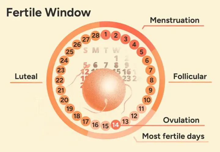 Cykl płciowy: owulacja wypada ok. 14 dni po okresie. Wykres pokazuje fazy: menstruacja, folikularna, owulacja i lutealna.