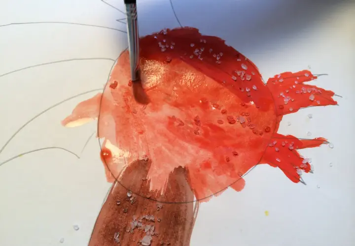 Ein Pinsel trägt rote Farbe auf, während grobes Salz auf dem nassen Aquarellpapier liegt. Diese Salz-Bilder entstehen durch die Reaktion von Salz und Farbe.