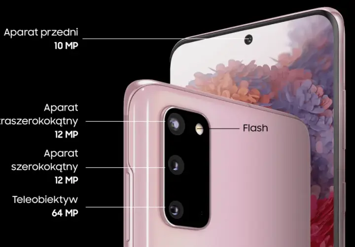 Różowy Samsung S20 z aparatem ultraszerokokątnym 12 MP, szerokokątnym 12 MP i teleobiektywem 64 MP.