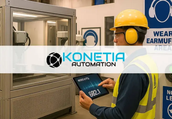 Ingeniero revisa la fórmula de potencia sonora en una tablet en una fábrica automatizada.