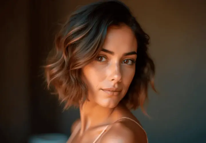 Mujer con cabello castaño con mechas balayage miel, ondas suaves y mirada cautivadora.
