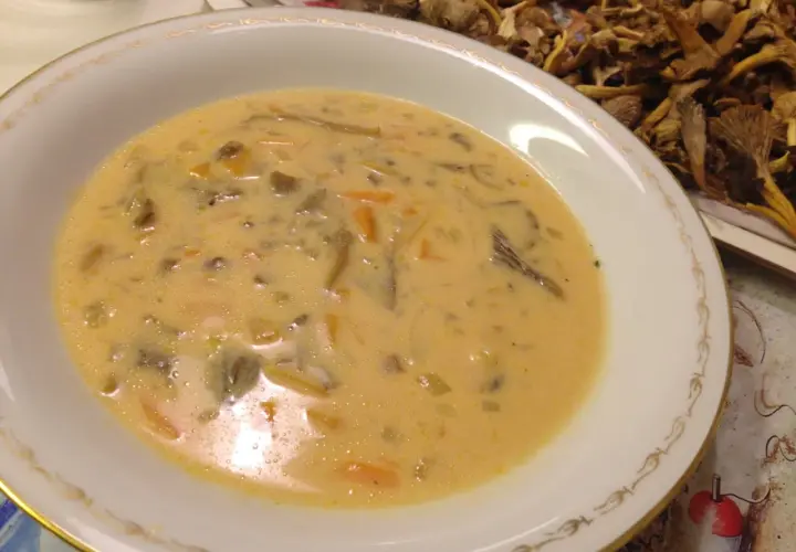 Krämig trattkantarellsoppa, perfekt för ett mysigt trattkantarellsoppa recept. Serveras i en elegant skål med torkad svamp i bakgrunden.