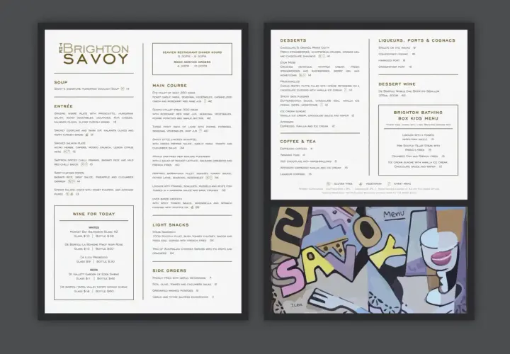 Une idée de présentation de menu pour le Brighton Savoy, avec des plats alléchants comme le Scotch Fillet et le Goulash.