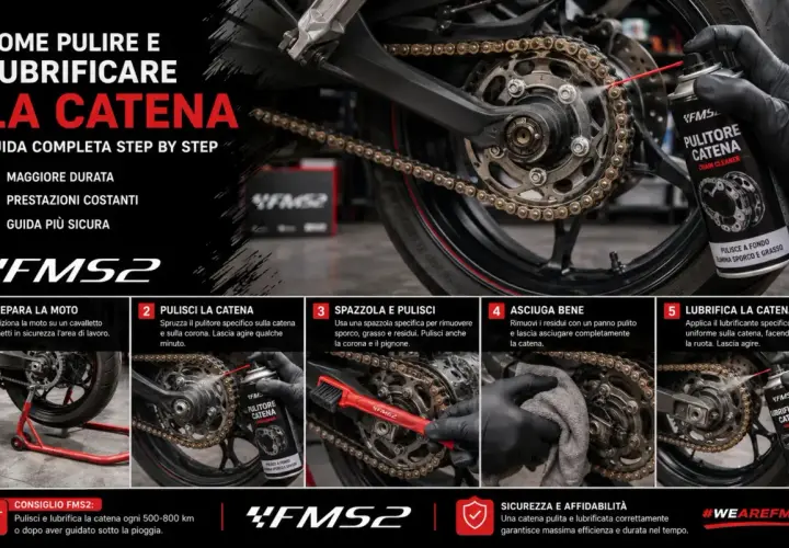 Guida alla pulizia e lubrificazione della catena moto. Immagine mostra una catena moto arrugginita che viene pulita e lubrificata.