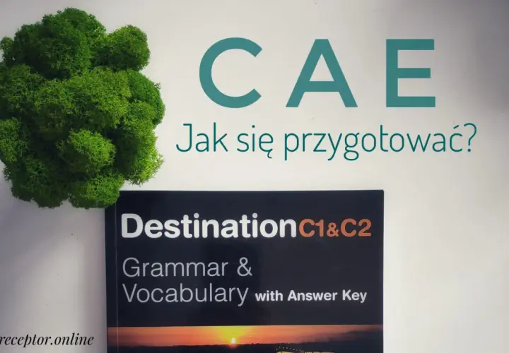 Zielona kępa mchu obok książki "Destination C1&C2 Grammar & Vocabulary" i napisu "CAE Jak się przygotować?". Idealne materiały do przygotowania do CAE.