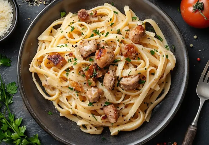 Szybki obiad z makaronem fettuccine, kawałkami kurczaka i posypką z ziół. Idealny na szybki posiłek.