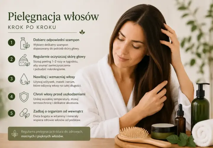 Kobieta dba o włosy, stosując się do wskazówek: dobór szamponu, oczyszczanie skóry głowy, nawilżanie, ochrona i dieta. Klucz do zdrowych włosów.