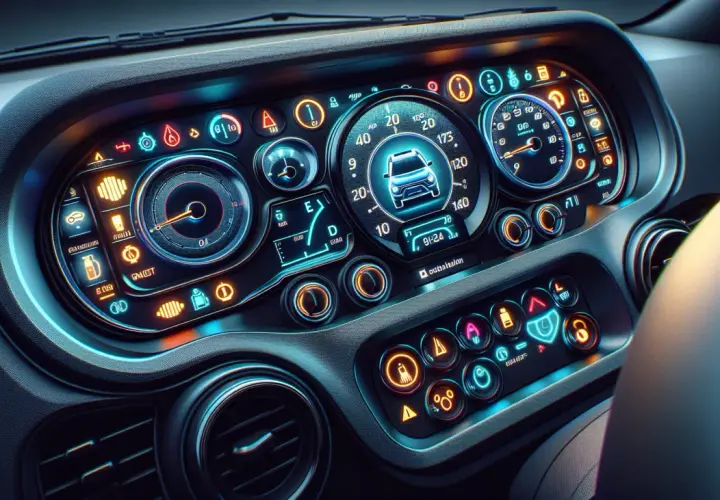 Cyfrowe zegary Dacia z podświetloną kontrolką zygzak, wskazującą na problemy z systemem stabilizacji toru jazdy.