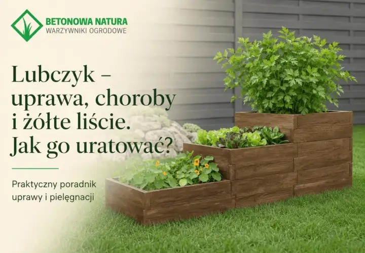 Lubczyk w drewnianej skrzyni, obok sałaty i nasturcji. Dowiedz się, dlaczego lubczyk żółknie i jak mu pomóc.