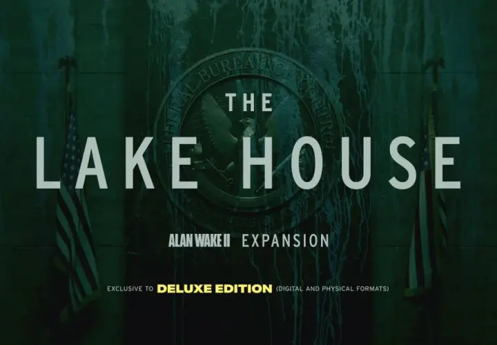 The Lake House" - nowy dodatek do Alan Wake 2, z pieczęcią Federalnego Biura Kontroli i amerykańską flagą.