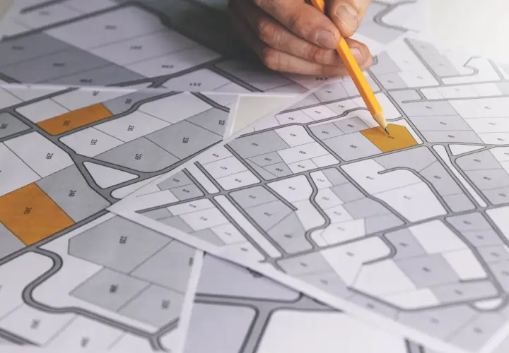 Rysunek geodezyjny z zaznaczonymi działkami. Dłoń z ołówkiem planuje scalenie działek, analizując mapę.
