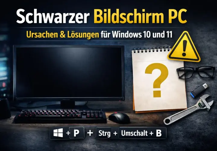 Schwarzer Bildschirm PC: Ursachen & Lösungen für Windows 10/11. Ein schwarzes Bild mit Computer, Tastatur, Maus, Notizbuch mit Fragezeichen und Werkzeug.