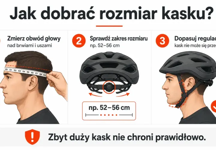 Jak dobrać rozmiary kasków rowerowych: zmierz obwód głowy, sprawdź zakres rozmiaru kasku (np. 52-56 cm) i dopasuj regulację. Zbyt duży kask nie chroni.