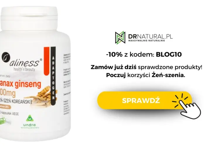 Opakowanie suplementu diety Aliness Panax ginseng 400mg. Poczuj korzyści żeń-szenia. -10% z kodem BLOG10.