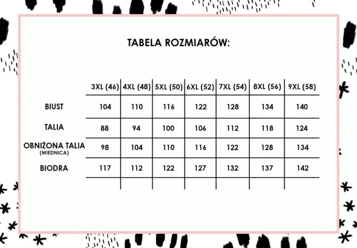 Tabela rozmiarów odzieży plus size: biust, talia, obniżona talia, biodra. Rozmiary od 3XL (46) do 9XL (58).