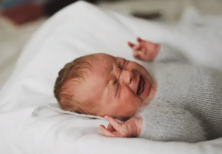 En 1 månads bebis sover inte, med ögonen stängda och munnen öppen i ett skrik. Bebisen är insvept i en mjuk, grå stickad filt.