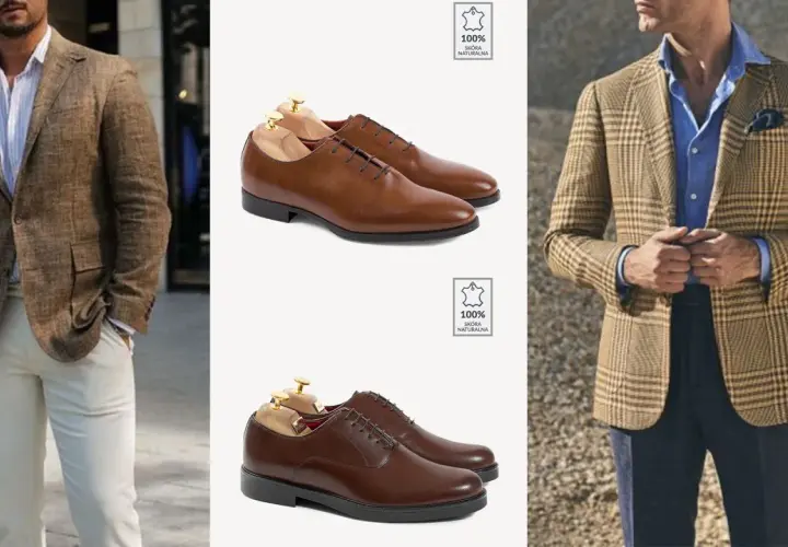 Mężczyzna w eleganckim brązowym garniturze i brązowe buty wizytowe.