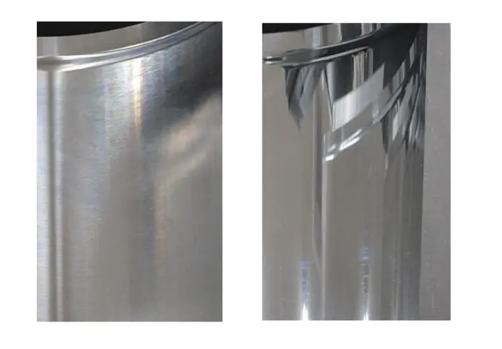 Porównanie powierzchni: po lewej matowe aluminium, po prawej efekt polerowania aluminium, ukazujący lustrzany połysk.