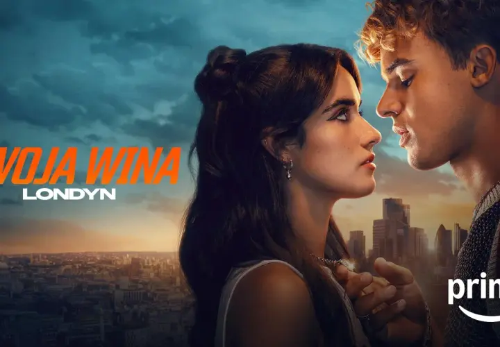 Plakat filmu "Twoja wina" z młodą parą na tle Londynu.