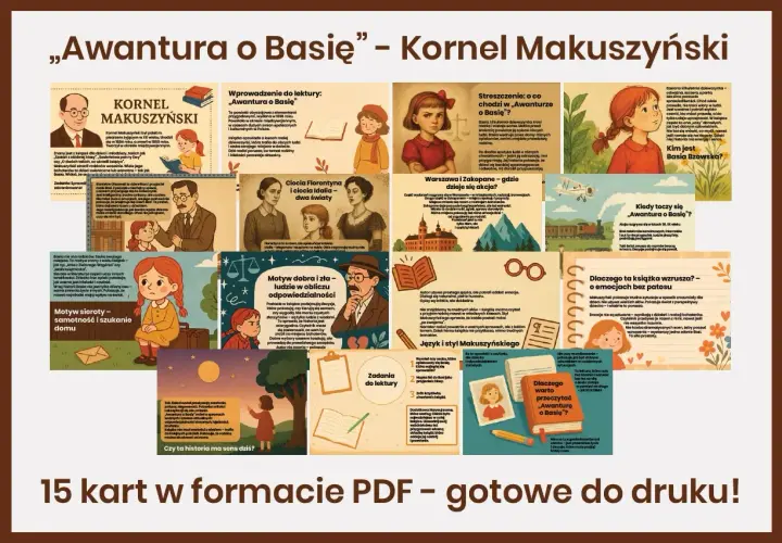 Książka "Awantura o Basię" Kornela Makuszyńskiego. 15 kart PDF z materiałami do druku: streszczenie, motywy, zadania.