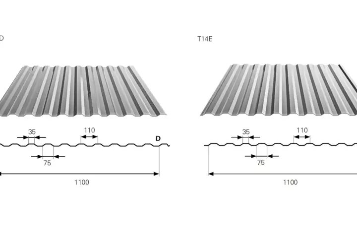 Dwa profile blachy trapezowej T14D i T14E z wymiarami: szerokość 1100 mm, wysokość fali 35 mm, rozstaw fal 75 mm i 110 mm.
