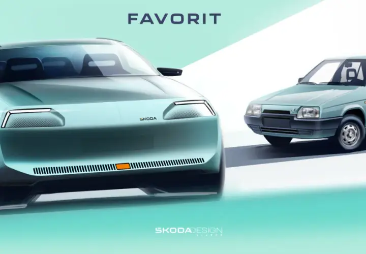 Nowoczesna wizja Škoda Favorit obok klasycznego modelu. Futurystyczny design spotyka legendę.