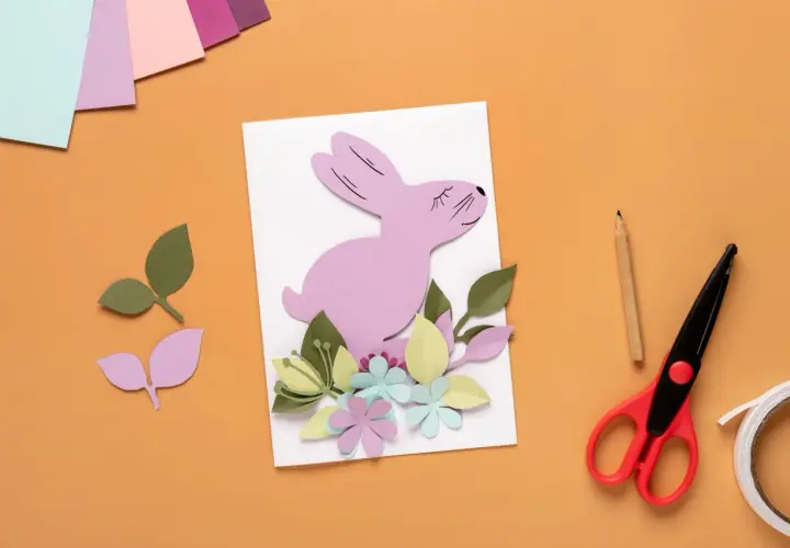 Uroczy różowy króliczek z papieru na kartce wielkanocnej DIY, otoczony kolorowymi kwiatami i liśćmi. Obok nożyczki, ołówek i taśma.