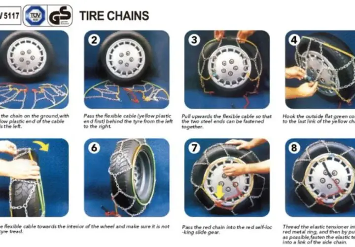 Instrucciones paso a paso sobre como se ponen las cadenas de nieve en un neumático.