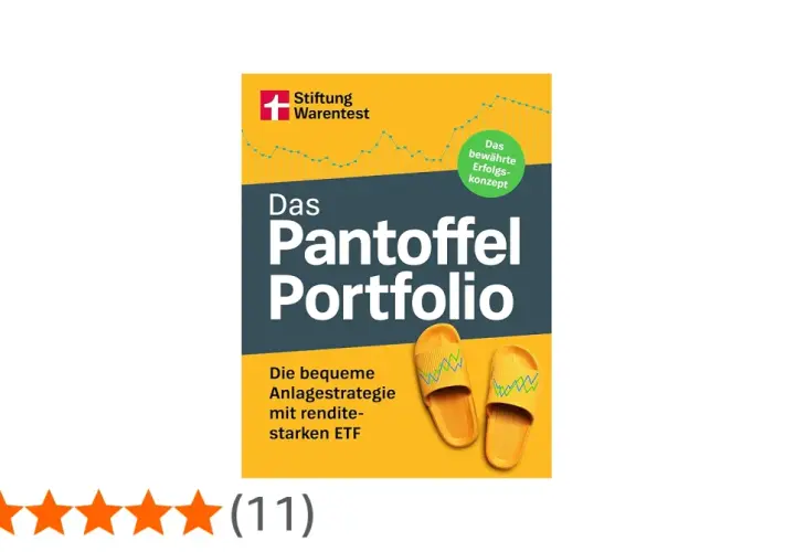 Buchcover "Das Pantoffel Portfolio" von Stiftung Warentest. Eine bequeme Anlagestrategie mit renditestarken ETFs, symbolisiert durch gelbe Pantoffeln.