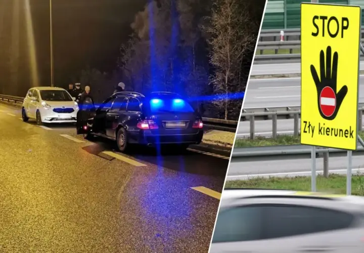 Na drodze ekspresowej zatrzymano kierowcę, który próbował zawrócić. Znak "STOP zły kierunek" ostrzega przed niebezpieczeństwem.