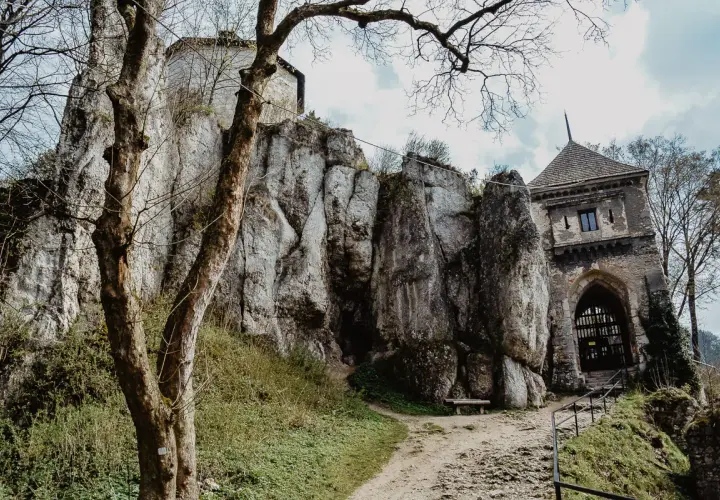 Ruiny zamku na skale, w tle wieża bramna. To malownicze miejsce, najmniejszy park narodowy w Polsce, zaprasza do odkrywania historii.